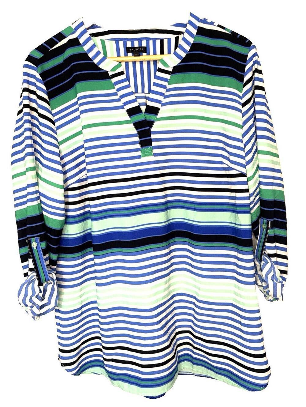 Talbots Henley Style Shirt Size XL Blue Green Multi Stripes Roll Tab Sleeves